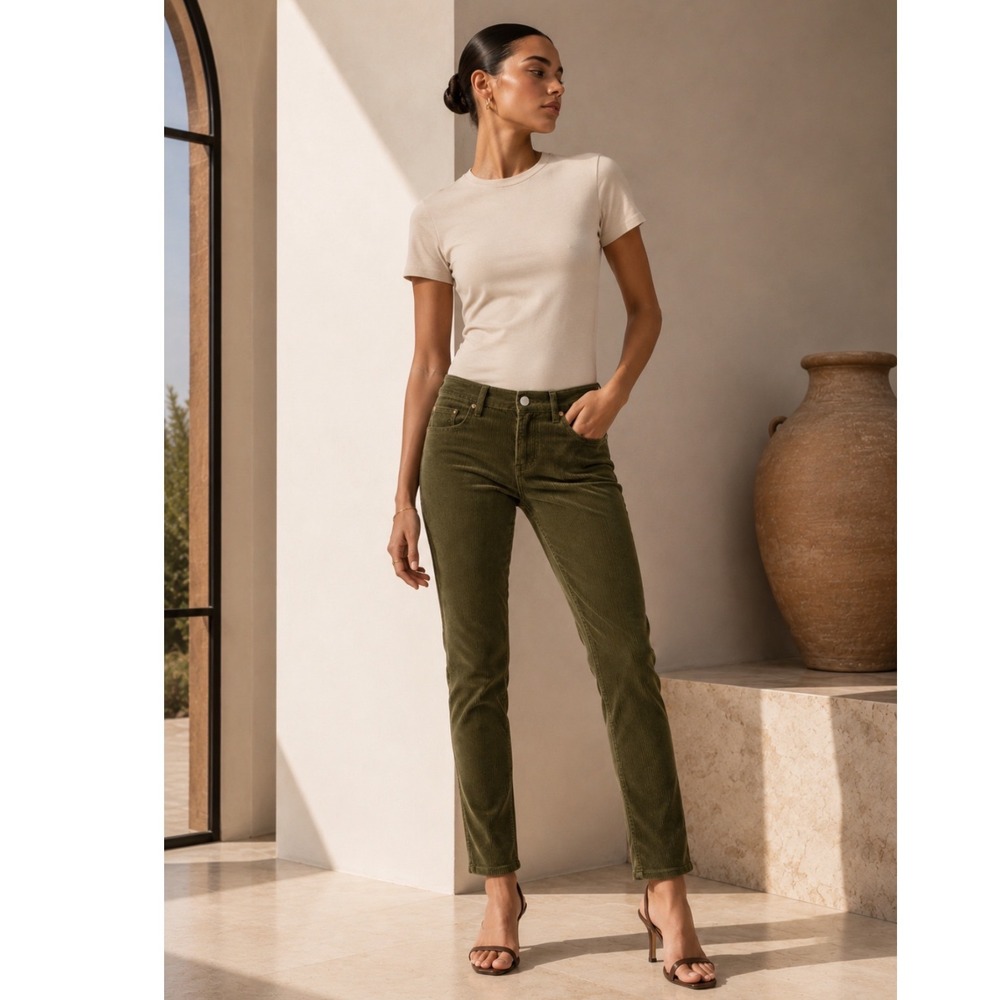 MOUSSY VINTAGE AILEY KHAKI GREEN Corduroy Pants Women 28 Made in Japan TAPERED